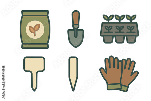 Essential gardening tools and supplies set including seed bag, hand trowel, seedling tray, plant markers, and protective gloves