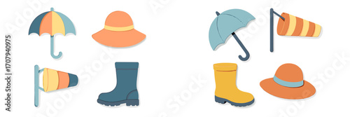 Collection of colorful weather elements including umbrellas, sun hats, rain boots, and wind socks in a paper cut style