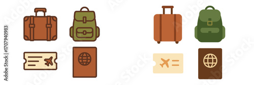 Travel accessories set with suitcases, backpacks, boarding passes, and international passports for global journeys