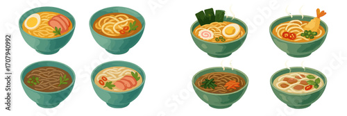 Assortment of steaming Asian noodle soup bowls featuring ramen and udon with diverse ingredients and garnishes