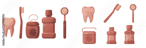 Comprehensive set of dental hygiene tools including toothbrushes, floss, mouthwash, and dental mirrors alongside human teeth for oral health and care