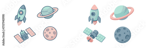 Collection of stylized cosmic elements including rockets, planets, satellites, and moons for space exploration themes