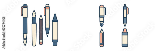 Assortment of writing and drawing instruments including fountain pens ballpoint pens pencils and markers for creative projects