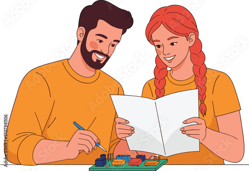 Young man and woman working together on electronic circuit board project, teamwork, learning, technology,