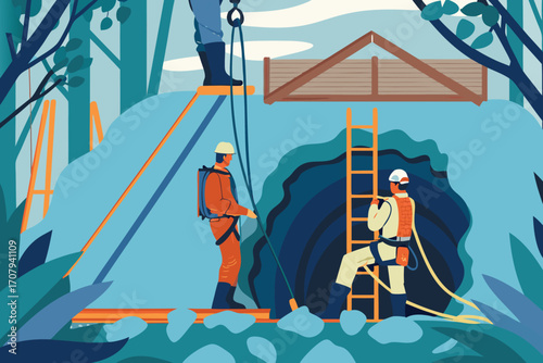 Sewer workers in uniform and helmet are working in the tunnel with a ladder and a rope in hand