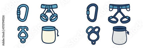 Essential rock climbing and mountaineering equipment including carabiners, harness, belay device, and chalk bag for outdoor sports