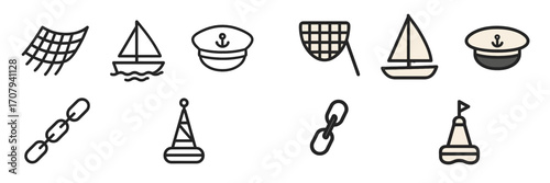 Nautical and marine themed icons set with sailing boats, captain hats, fishing nets, anchor chains, and buoys
