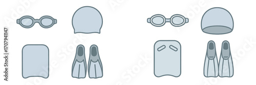 Comprehensive set of swimming pool accessories including goggles, swim caps, kickboards, and fins for various aquatic sports and training activities