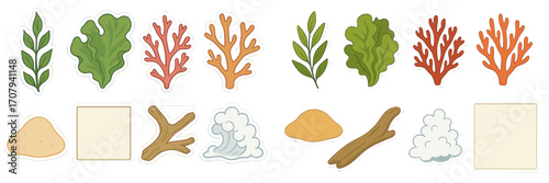 Stylized natural elements set featuring marine plants, sand, driftwood, and ocean waves, perfect for nature-themed designs and coastal aesthetics