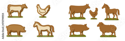 Various domestic farm animals such as cows, chickens, horses, pigs, and sheep presented in a modern layered paper cut style