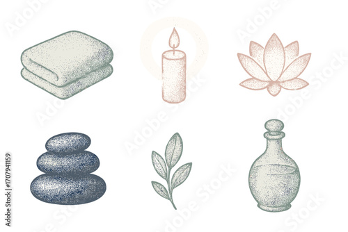 Relaxing spa and wellness elements with soft towels, lit candle, lotus flower, stacked stones, green leaves, and essential oil bottle