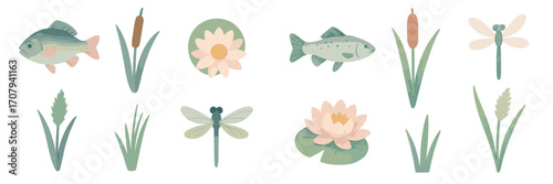 Vibrant collection of aquatic plants and animals, including various fish, graceful dragonflies, beautiful water lilies, and tall cattails