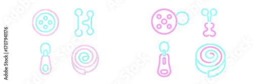 Modern minimalist line art collection of essential sewing and crafting supplies icons featuring buttons, zippers, and textile fasteners