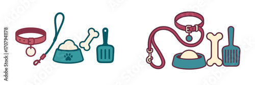 Modern flat design collection of essential dog care accessories including collars leashes food bowls bones and waste scoops
