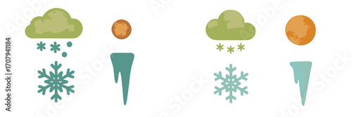 Collection of watercolor style winter weather icons featuring clouds, falling snow, sun, and melting icicles