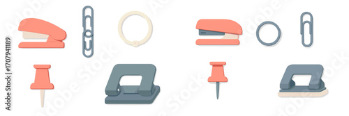Essential office stationery items collection with staplers, paper clips, and hole punchers for business and education