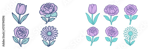 Elegant purple and teal spring flowers collection featuring tulips, peonies, roses, and daisies in a beautiful arrangement