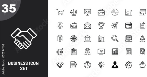 Modern business icon set featuring handshake and diverse finance and strategy symbols