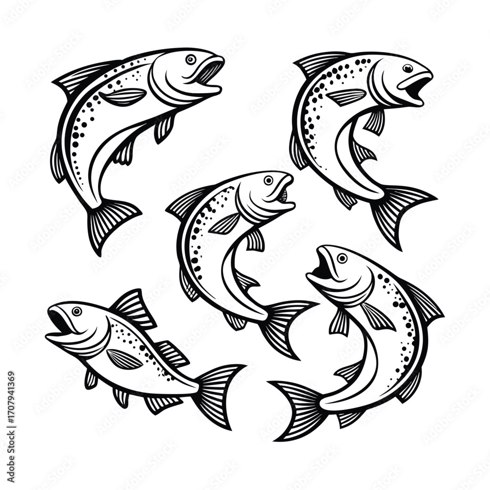 Fototapeta premium Dynamic school of jumping fish illustration with dynamic poses for creative designs