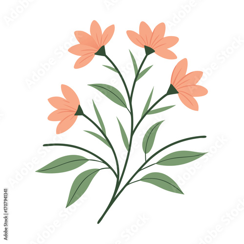 Delicate peach blossoms on thin stems with green leaves minimalist botanical art