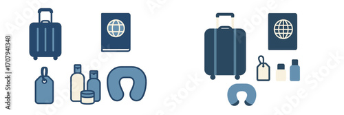 Collection of essential travel items for a journey, including a suitcase, passport, luggage tag, toiletries, and neck pillow