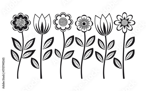 Black and white botanical line art collection of stylized flowers and leaves on white