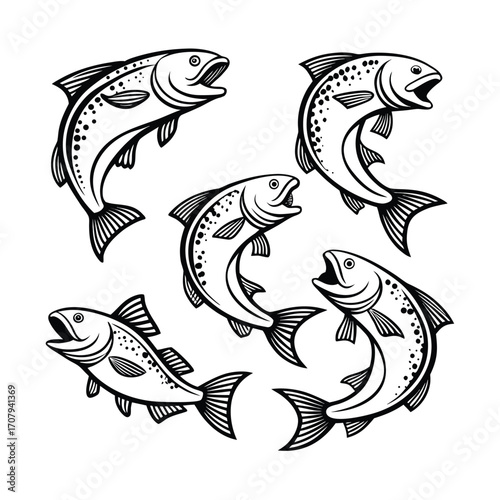 Dynamic school of jumping fish illustration with dynamic poses for creative designs