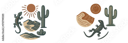 Southwestern desert landscape elements with lizard, saguaro cactus, sun, and sand dunes in a stylized graphic design for nature concepts