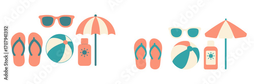 Collection of summer beach vacation accessories including sunglasses, flip flops, beach ball, umbrella, and sunscreen