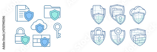 Digital data protection and network security icons set featuring shields, locks, keys, and firewalls for cyber safety