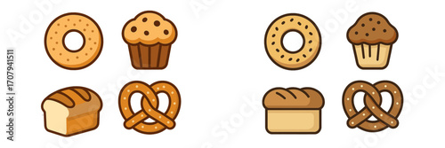 Colorful collection of popular bakery items featuring bagels, chocolate chip muffins, fresh bread loaves, and salted pretzels