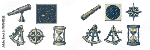 Vintage navigation and astronomy tools with compass, telescope, sextant, hourglass, and constellation maps