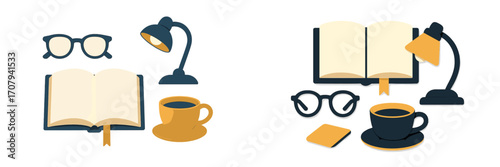 Flat lay composition of reading and study essentials including an open book, eyeglasses, desk lamp, and coffee cup