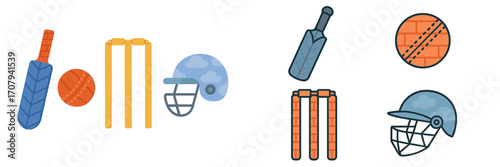 Collection of essential cricket game equipment including bat, ball, wicket, and protective helmet for sports