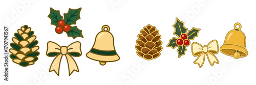 Assortment of festive Christmas holiday decorations including pinecones, holly leaves with berries, elegant bows, and golden bells