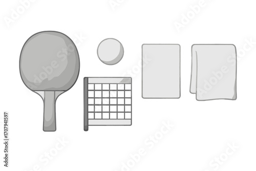 Complete set of ping pong sports equipment featuring a paddle, ball, net, and towels for competitive play