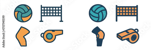Volleyball game equipment set with ball, net, knee pad, and whistle for sports design projects