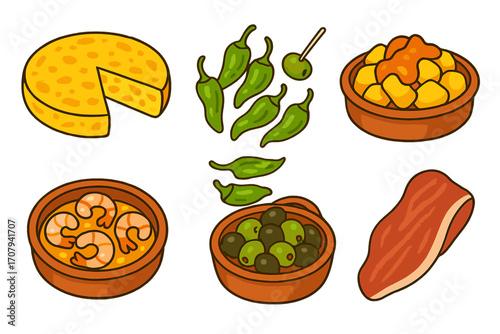 Traditional Spanish tapas food collection with tortilla, patatas bravas, shrimp, olives, peppers, and cured ham