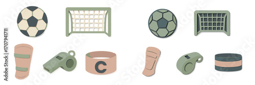 Essential soccer game equipment including a ball, goal, shin guards, whistle, and captain armbands for sports competition