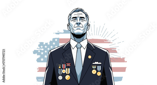 A stylized illustration of a military officer, adorned with medals, against a backdrop of the American flag.