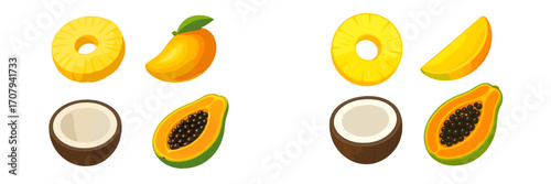 Colorful set of tropical fruits featuring pineapple slices, ripe mango, fresh coconut half, and juicy papaya
