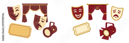Theater performance elements with comedy and tragedy masks, stage curtains, spotlight, and blank ticket