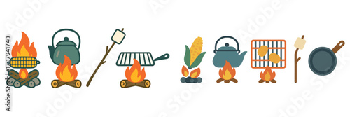Campfire cooking elements with corn, kettle, marshmallows, potatoes, and frying pan for outdoor adventures