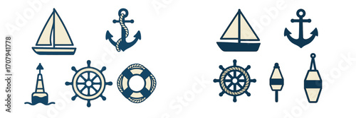 Collection of nautical elements including sailboats, anchors, ship wheels, buoys, and lifebuoys for marine themes
