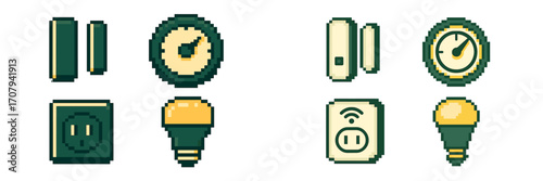 Pixel art smart home technology icons set featuring various digital devices for modern house automation and connectivity