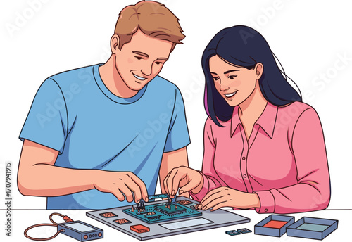 Young man and woman assembling electronic circuit board together, technology project teamwork, educational