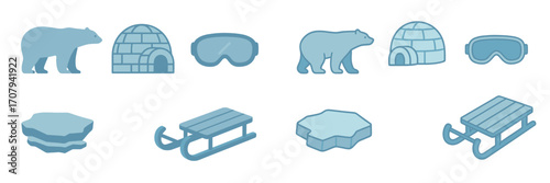 Arctic winter elements set with polar bears, igloos, ice floes, sleds, and ski goggles in a flat graphic style
