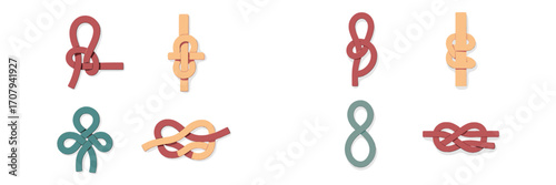 Assortment of colorful decorative rope knots and abstract shapes in a clean graphic style on a white background