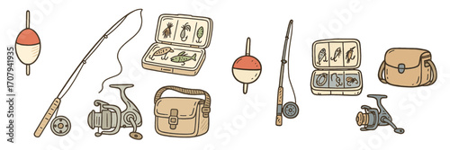 Collection of essential fishing equipment including rods, reels, tackle boxes, and floats for outdoor recreation
