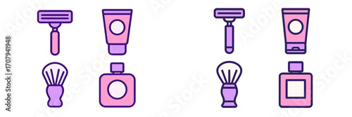 Modern icons of shaving and grooming essentials including razors, brushes, and creams for personal hygiene and self-care